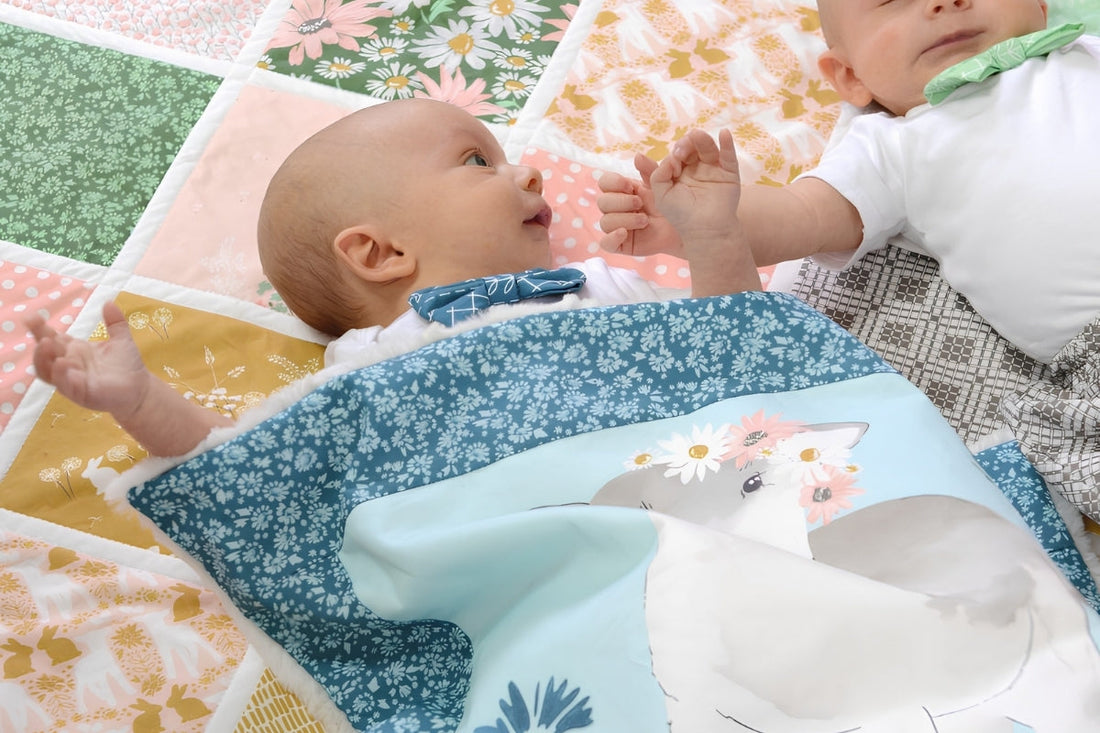 Lamb collection cheater quilt print blue project panel pink mint mustard green quilting cotton fabric baby quilt play mat for newborns and nursery projects