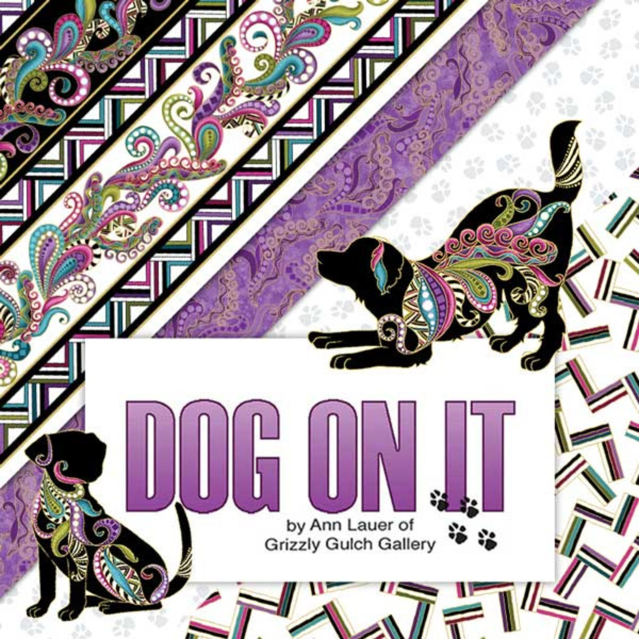 Dog On It quilting cotton collection Ann Lauer Black dog paisley pattern colourful stripes