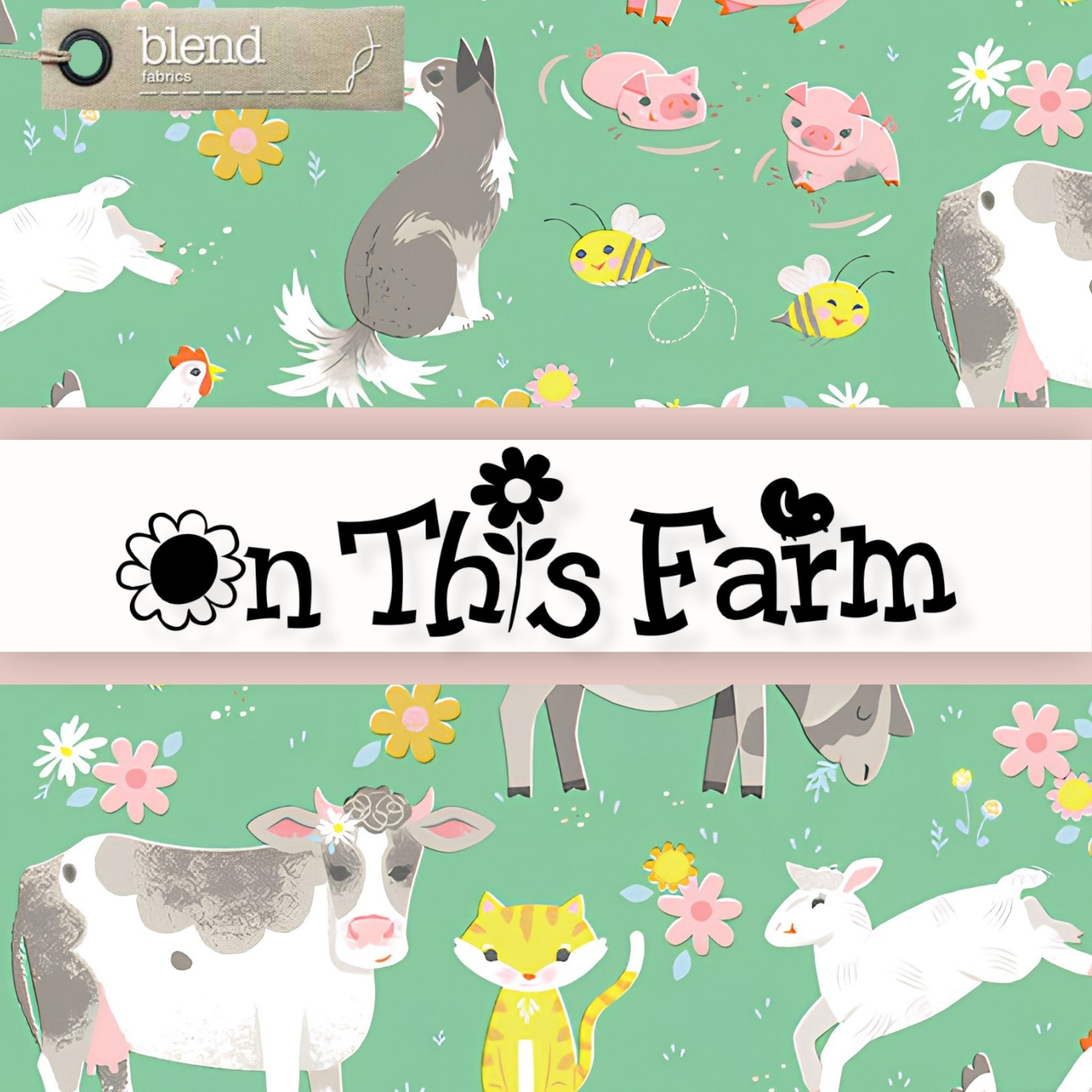 On This Farm quilting fabric collection by Blend Fabrics featuring cows pigs goats dogs cats bees and chickens on green background
