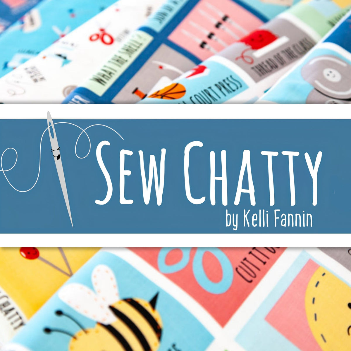 Sew Chatty by Kelli Fannin novelty sewing puns toss block panel quilting cotton fabric collection denim white peacock blue pink Riley Blake