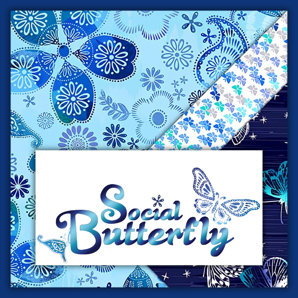 Social Butterfly quilting fabric collection by Kanvas Studio Benartex blue teal butterfly novelty and blender patchwork fabrics