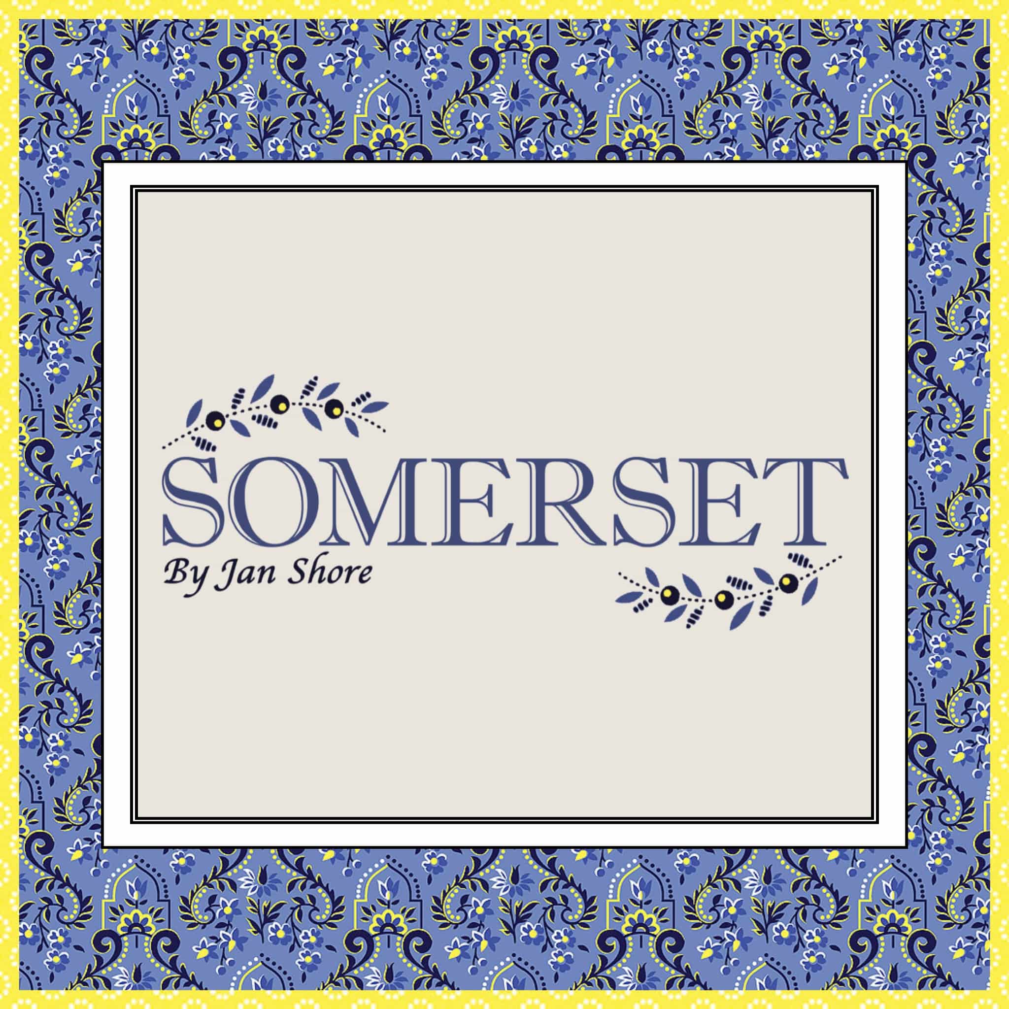 Somerset by Benartex quilting fabric collection in blue, navy and yellow with baroque, florals and hearts