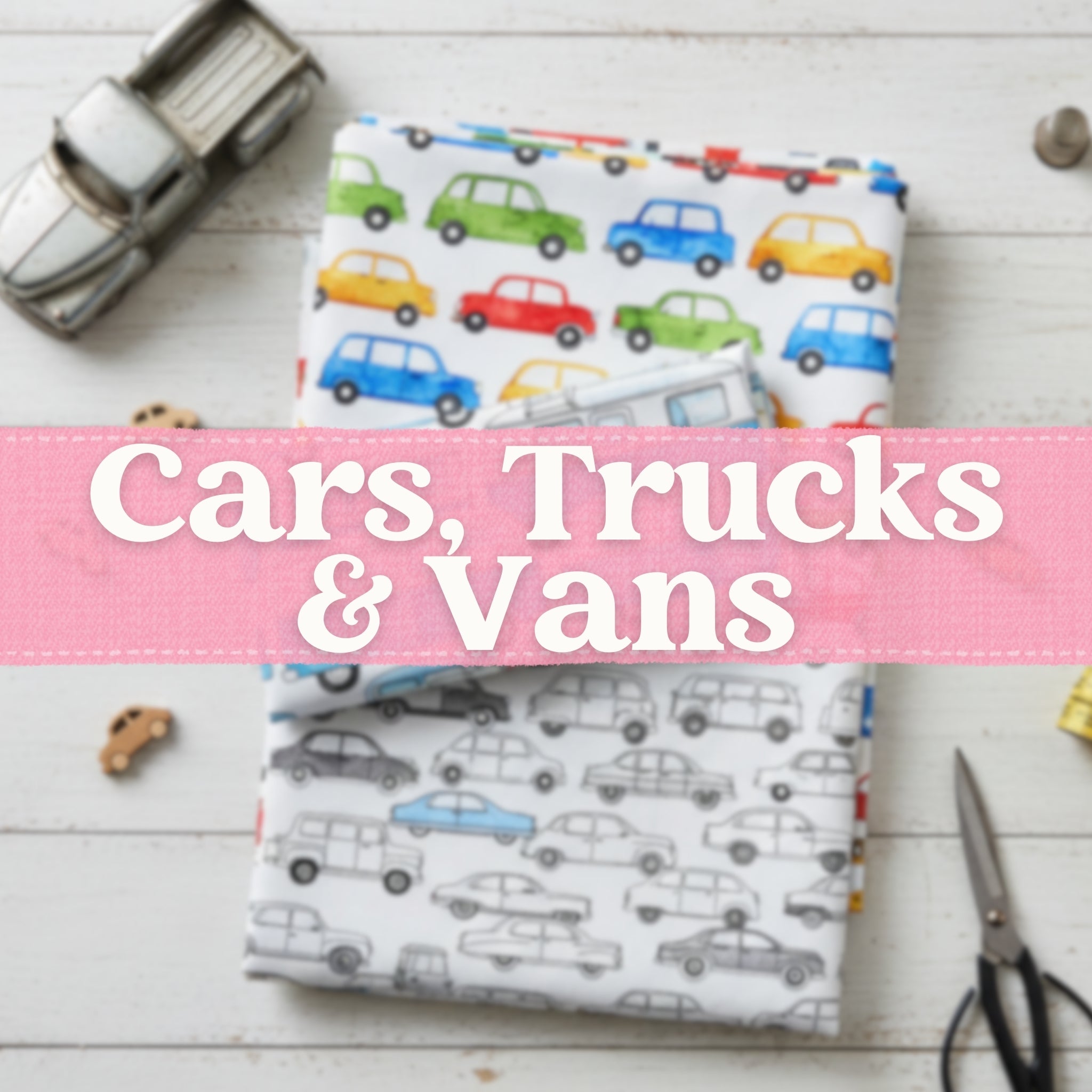 Cars trucks and vans themed quilting cotton fabrics for boys and baby sewing projects