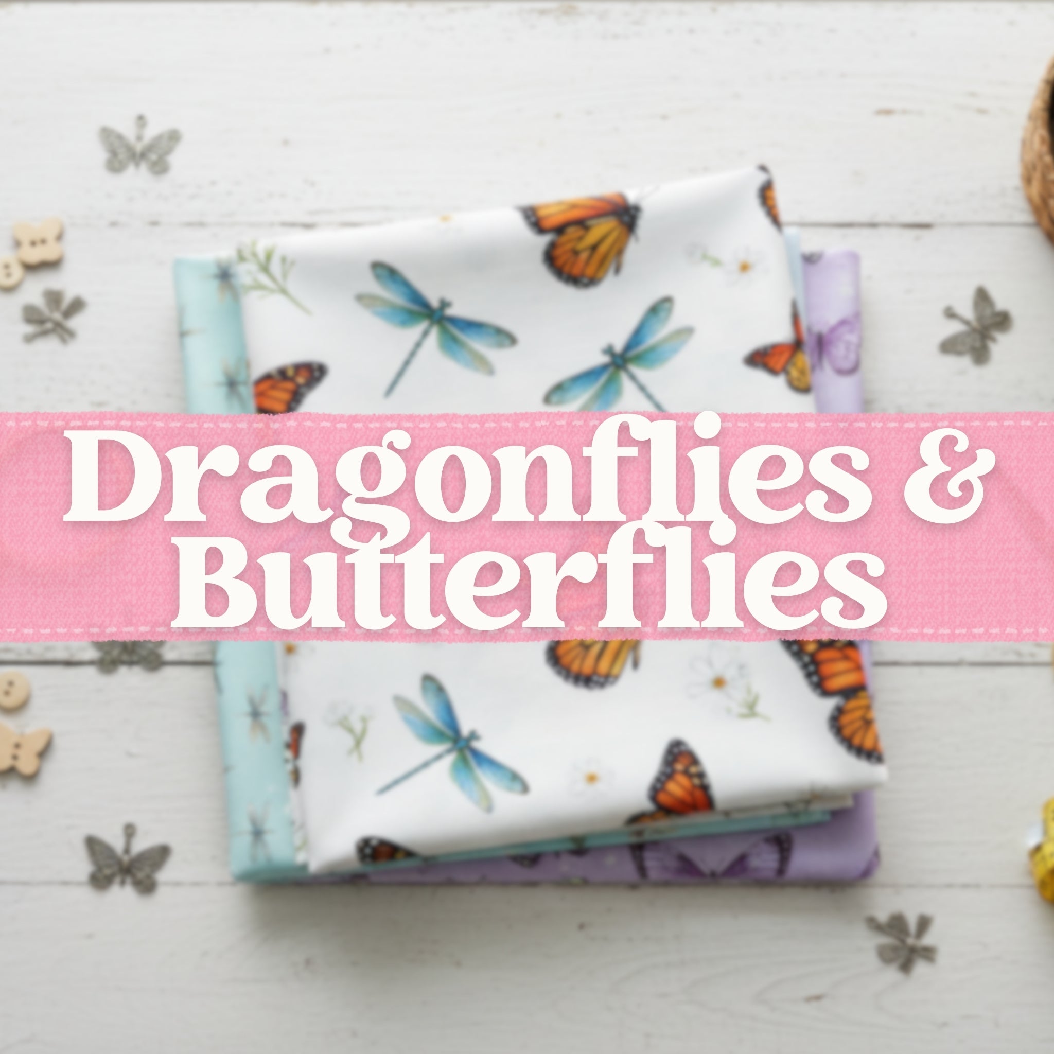 Dragonfly and butterfly themed quilting cotton fabric for sewing projects