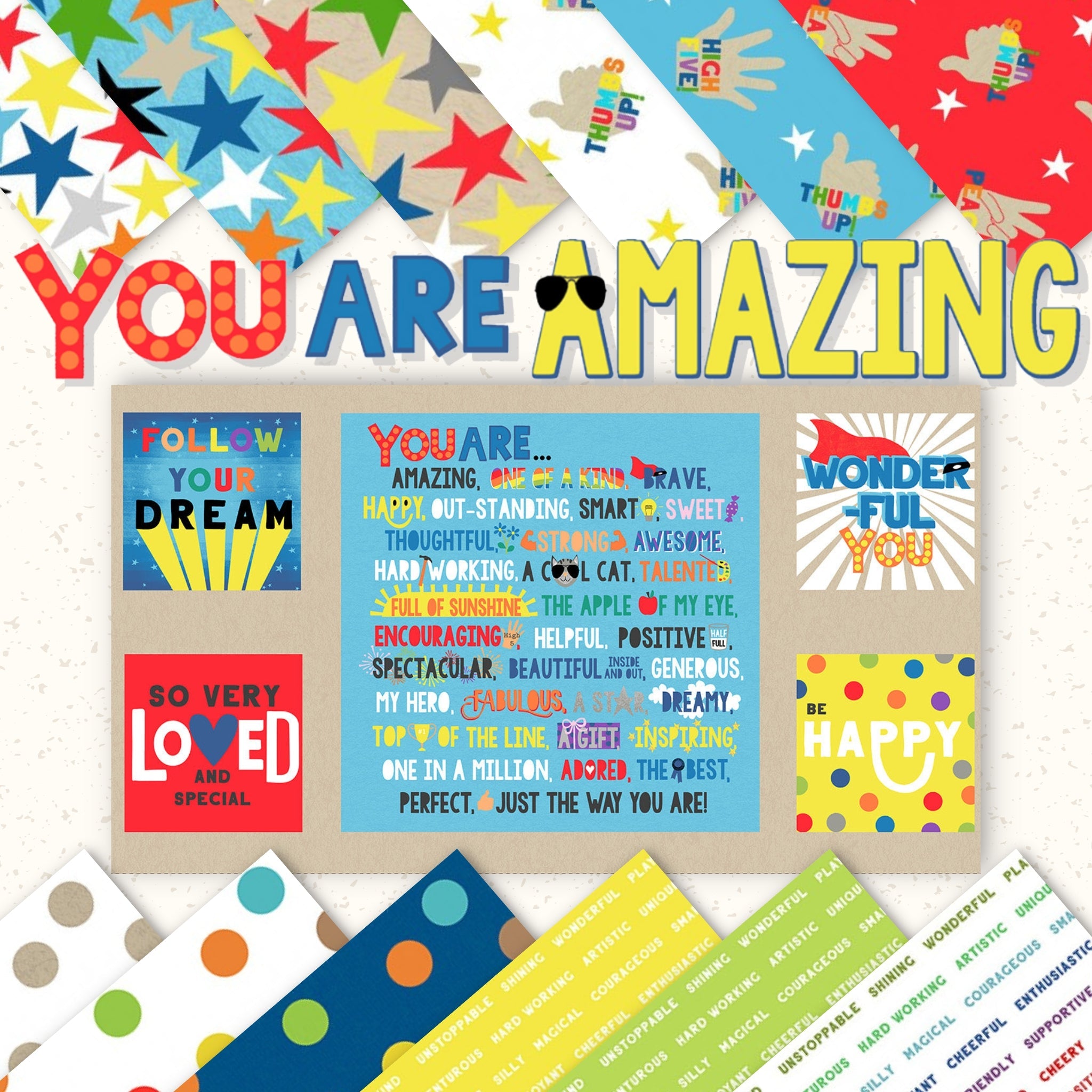 Bright kids quilt fabrics with stars, dots and positive words by Katie Webb for Clothworks