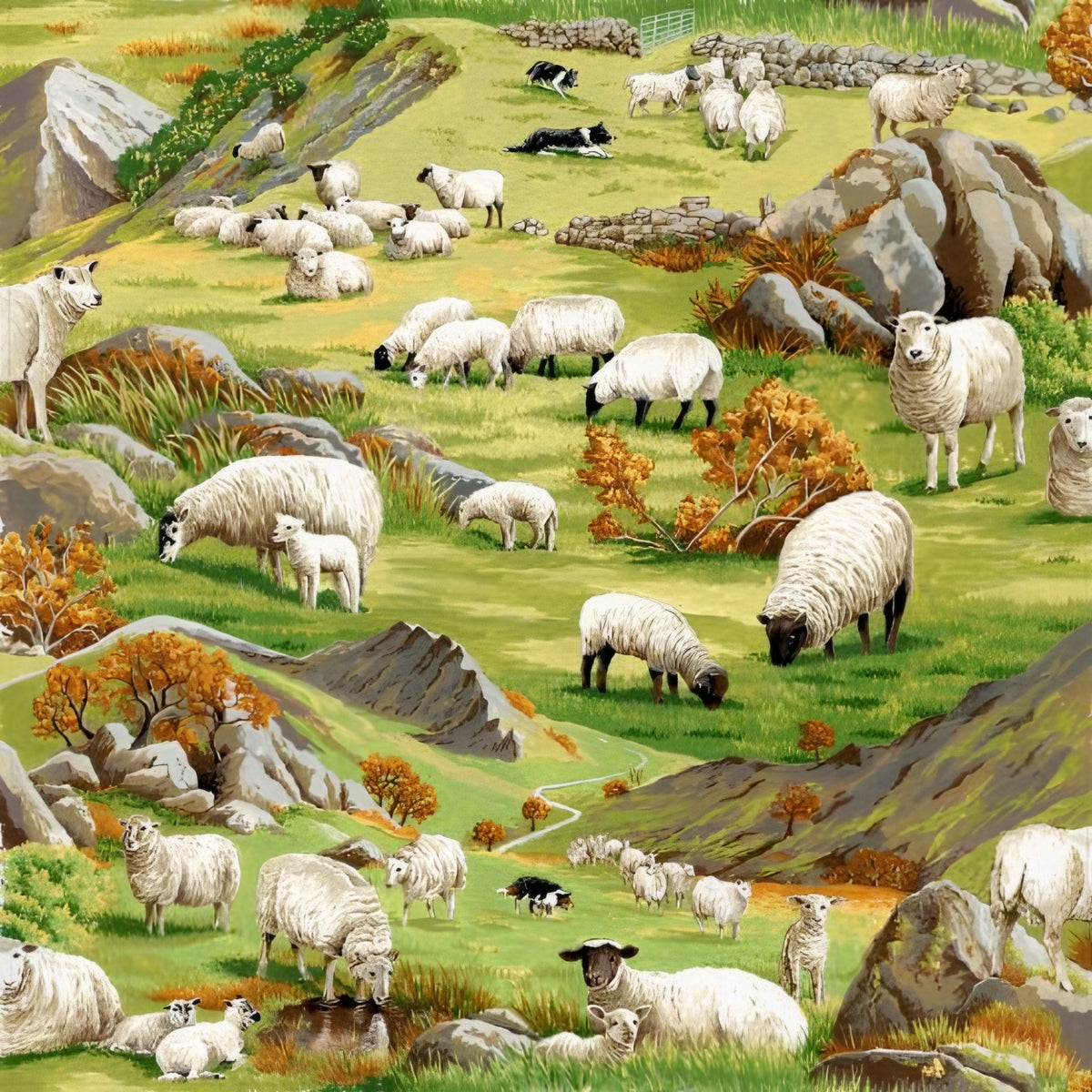 Sheep grazing rolling green hills border collies stone walls pastoral farm landscape fabric for farm-themed quilts and farmer gifts