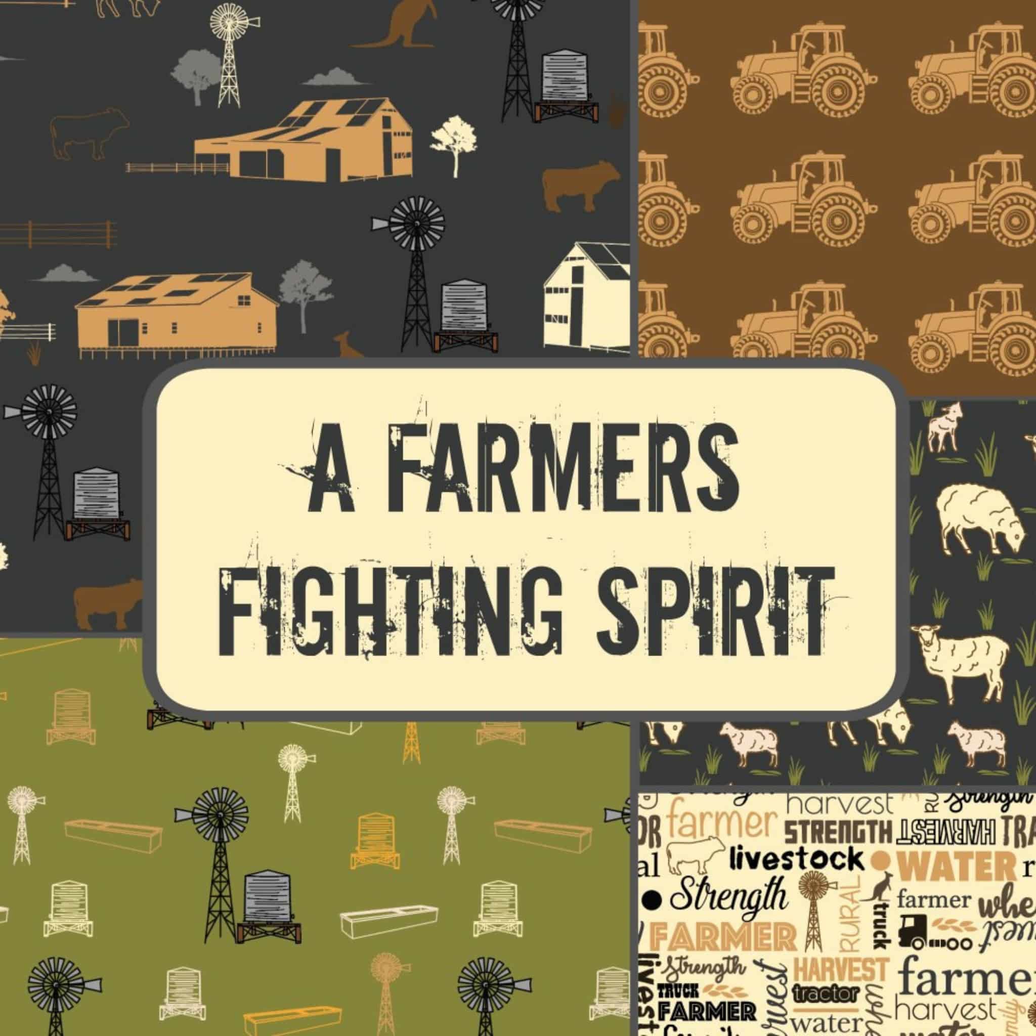 Farmers Fighting Spirit collection cover featuring Australian farm animals and outback themed quilting fabrics