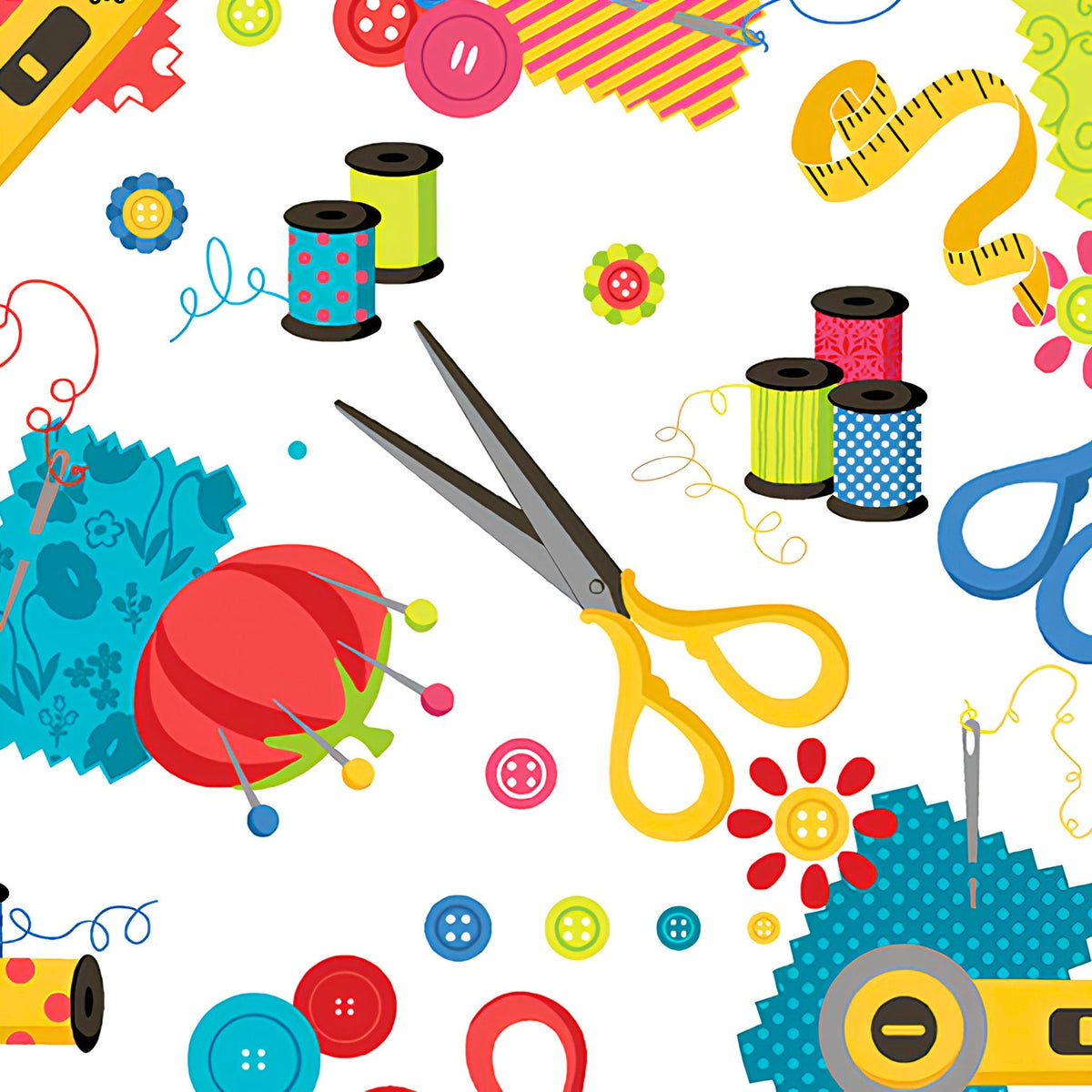 Scissors thread spools pincushions tape measures rotary cutters needles buttons white novelty sewing notions quilting cotton sewist gifts tote bags pouches