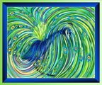 Ornate peacock tail feathers digital print panel in blue and green with decorative border on quilting cotton fabric