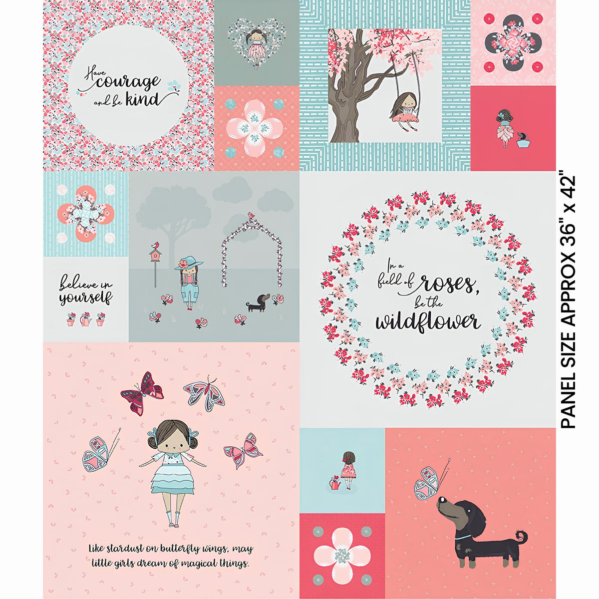 Girls block panel 12 ready-to-cut blocks pink aqua coral inspirational quotes novelty fabric for sampler quilts cushion fronts and nursery wall hangings