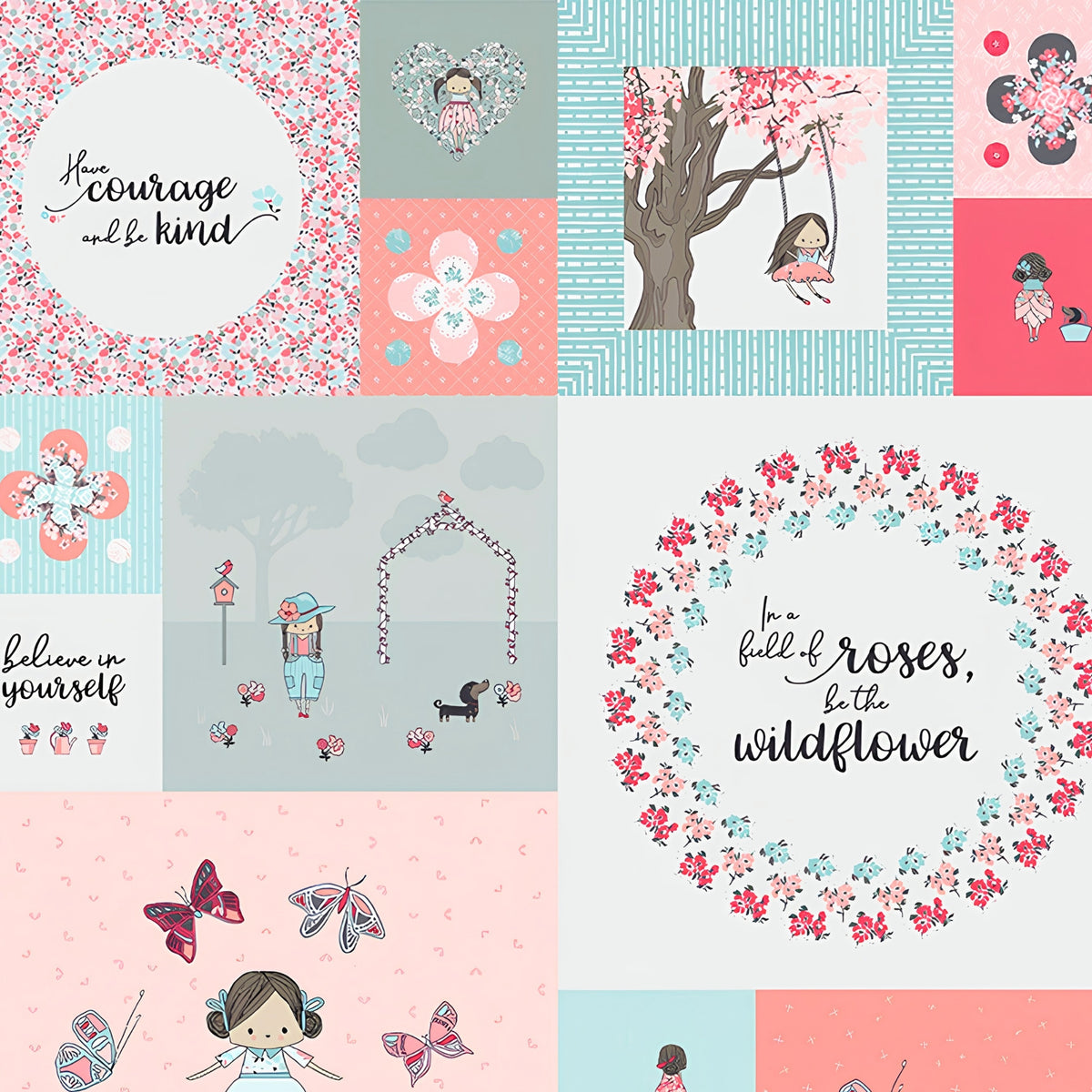 Girls block panel 12 ready-to-cut blocks pink aqua coral inspirational quotes novelty fabric for sampler quilts cushion fronts and nursery wall hangings