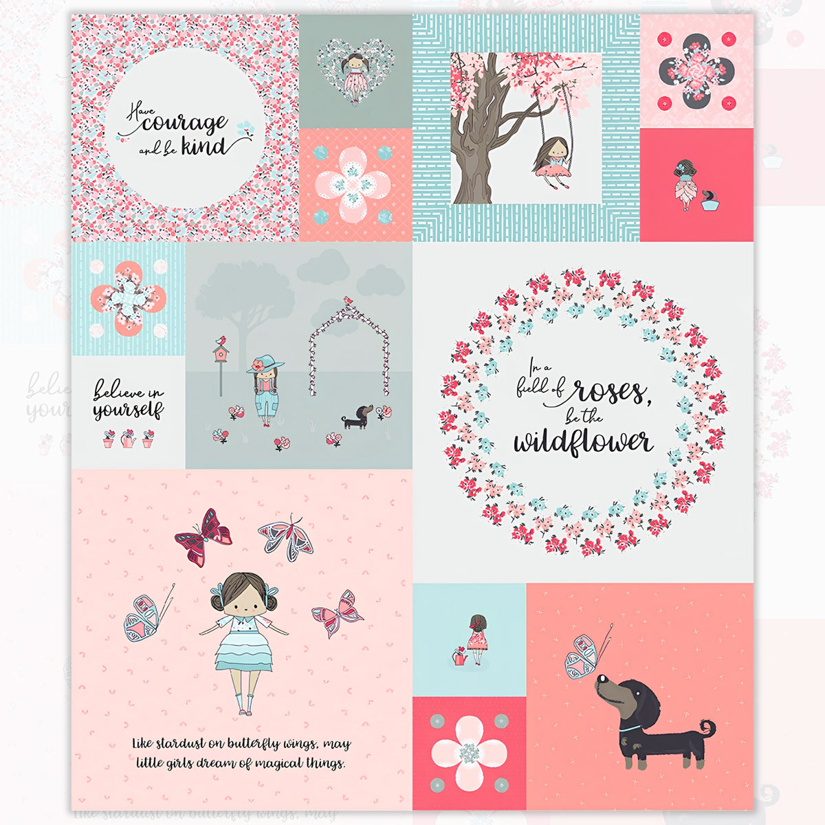Girls block panel 12 ready-to-cut blocks pink aqua coral inspirational quotes novelty fabric for sampler quilts cushion fronts and nursery wall hangings