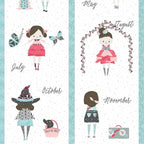 Girls calendar quilt panel 12 monthly blocks seasonal outfits pink aqua white novelty fabric for children's quilts cushions tote bags and wall hangings