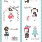 Girls calendar quilt panel 12 monthly blocks seasonal outfits pink aqua white novelty fabric for children's quilts cushions tote bags and wall hangings