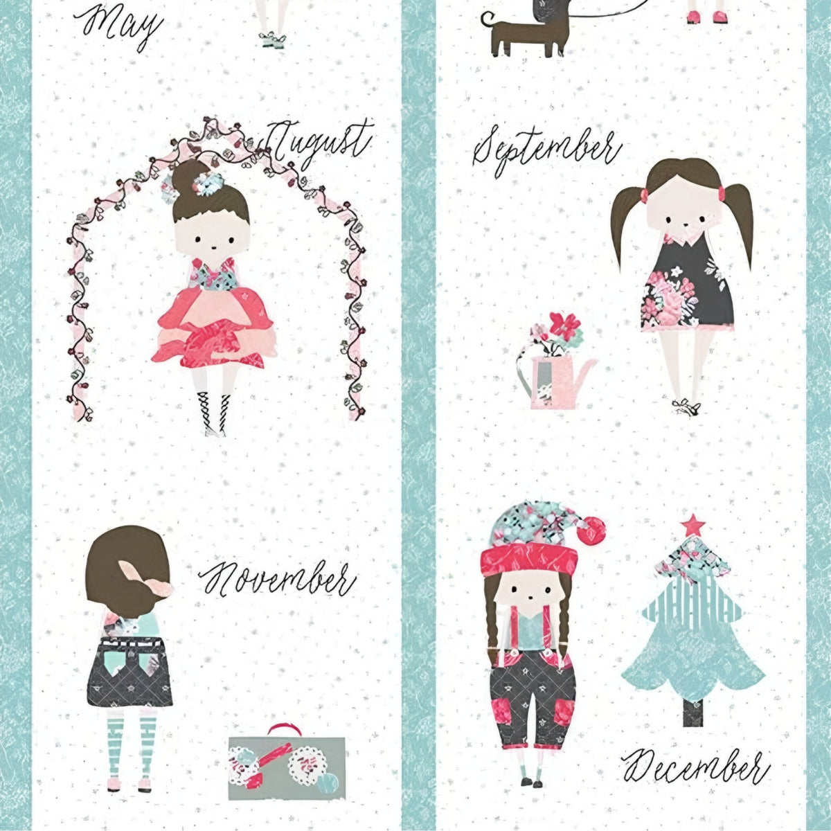 Girls calendar quilt panel 12 monthly blocks seasonal outfits pink aqua white novelty fabric for children's quilts cushions tote bags and wall hangings