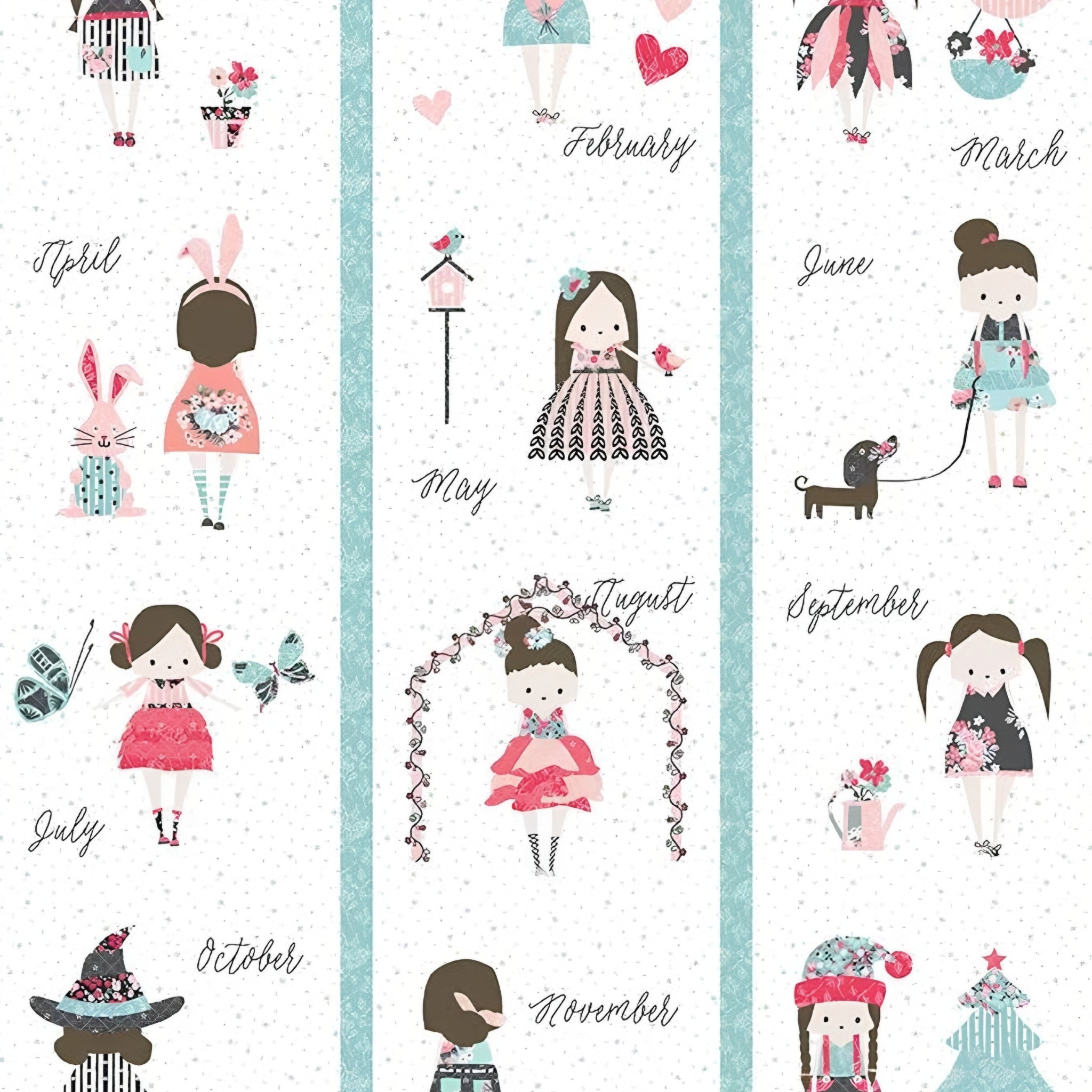 Girls calendar quilt panel 12 monthly blocks seasonal outfits pink aqua white novelty fabric for children's quilts cushions tote bags and wall hangings