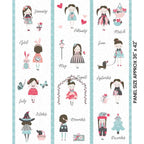 Girls calendar quilt panel 12 monthly blocks seasonal outfits pink aqua white novelty fabric for children's quilts cushions tote bags and wall hangings