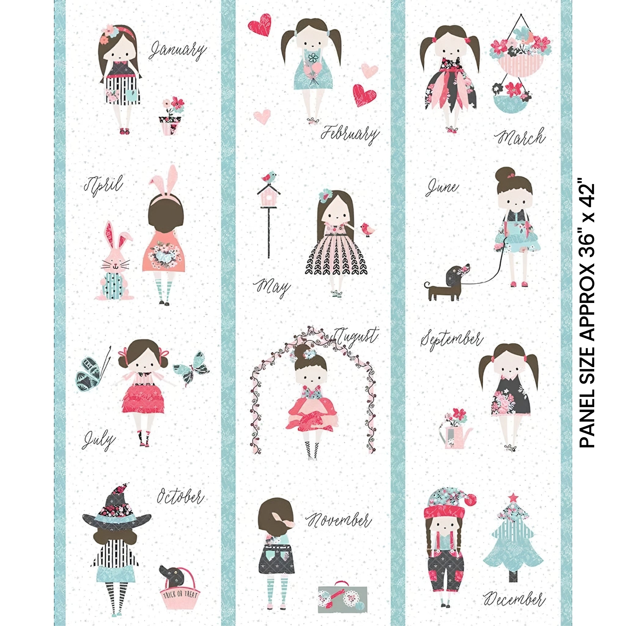Girls calendar quilt panel 12 monthly blocks seasonal outfits pink aqua white novelty fabric for children's quilts cushions tote bags and wall hangings