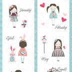 Girls calendar quilt panel 12 monthly blocks seasonal outfits pink aqua white novelty fabric for children's quilts cushions tote bags and wall hangings