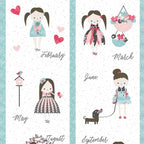 Girls calendar quilt panel 12 monthly blocks seasonal outfits pink aqua white novelty fabric for children's quilts cushions tote bags and wall hangings