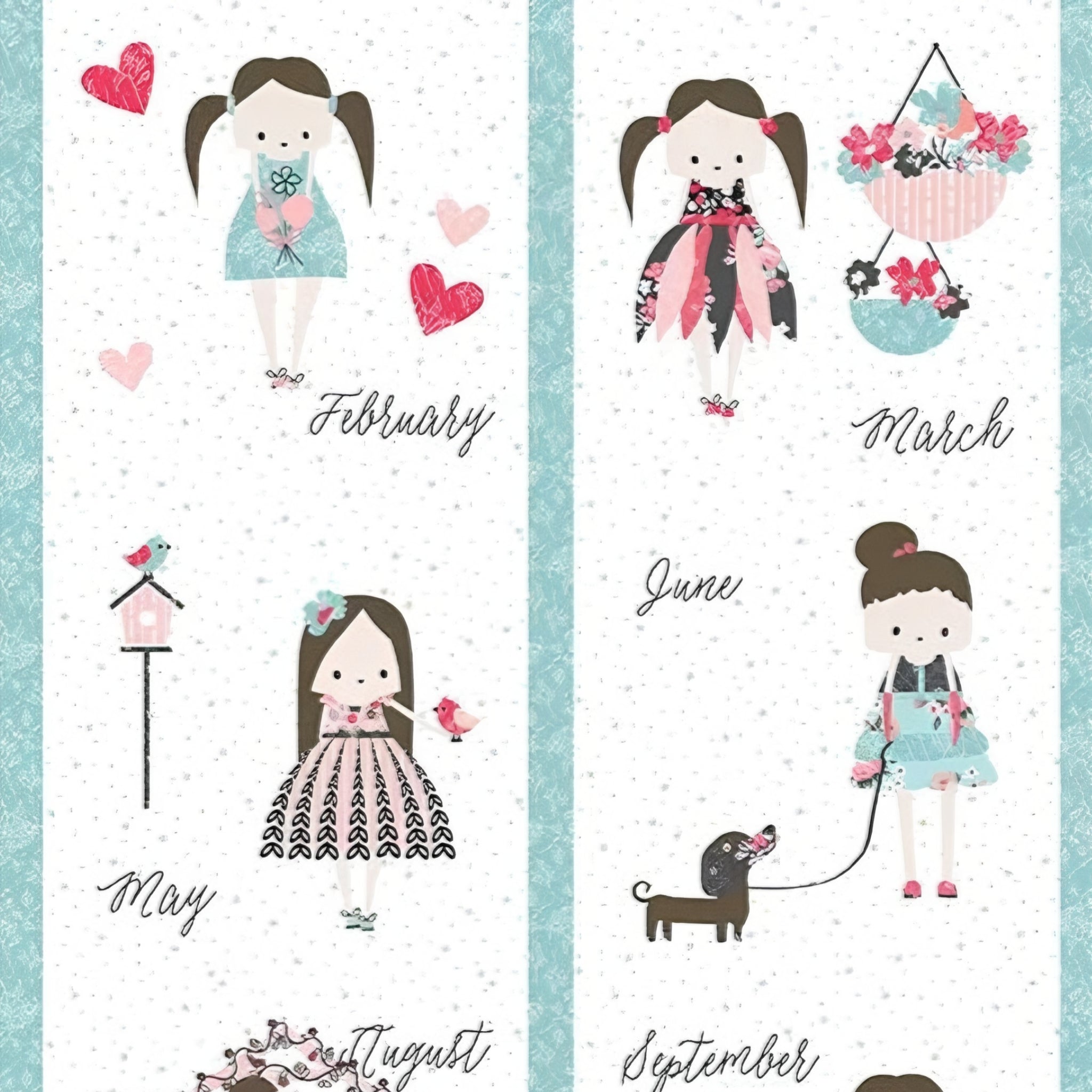 Girls calendar quilt panel 12 monthly blocks seasonal outfits pink aqua white novelty fabric for children's quilts cushions tote bags and wall hangings