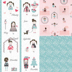 Abbie's Garden fabric Riley Blake calendar panel with illustrated girls and coordinating pink and aqua prints