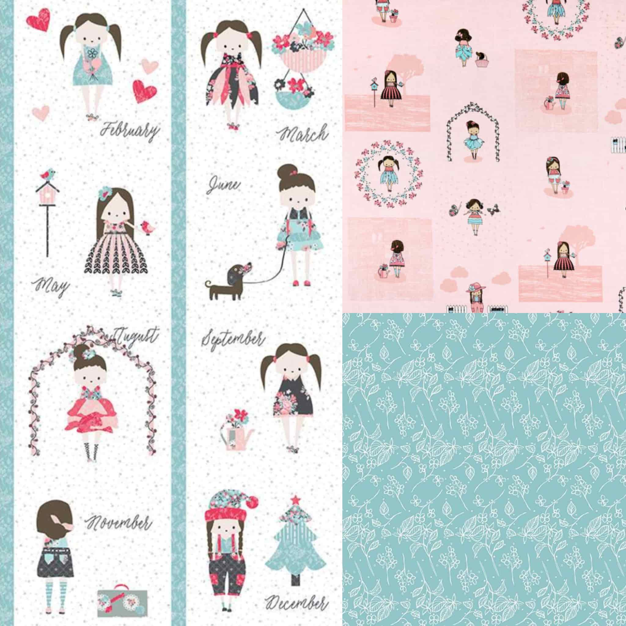 Abbie's Garden fabric Riley Blake calendar panel with illustrated girls and coordinating pink and aqua prints