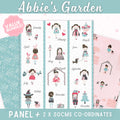 Abbie's Garden fabric bundle with calendar panel, pink main, and aqua stems co-ordinates