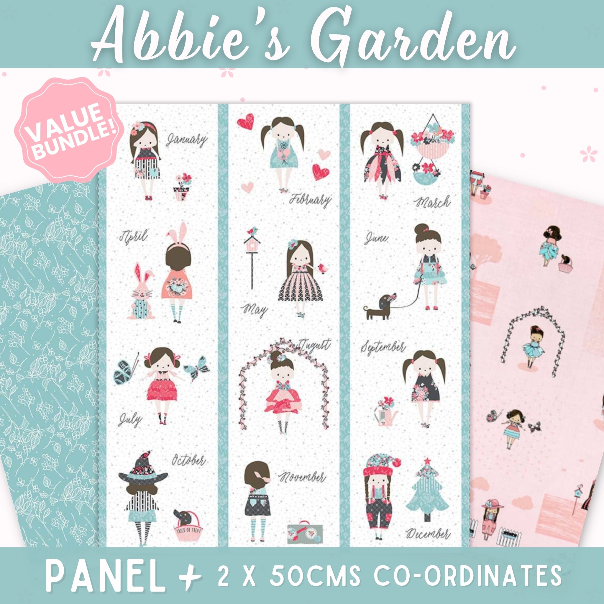 Abbie's Garden fabric bundle with calendar panel, pink main, and aqua stems co-ordinates
