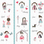 Closeup of quilting panel with illustrations of girl Abbie dressed up for each calendar month