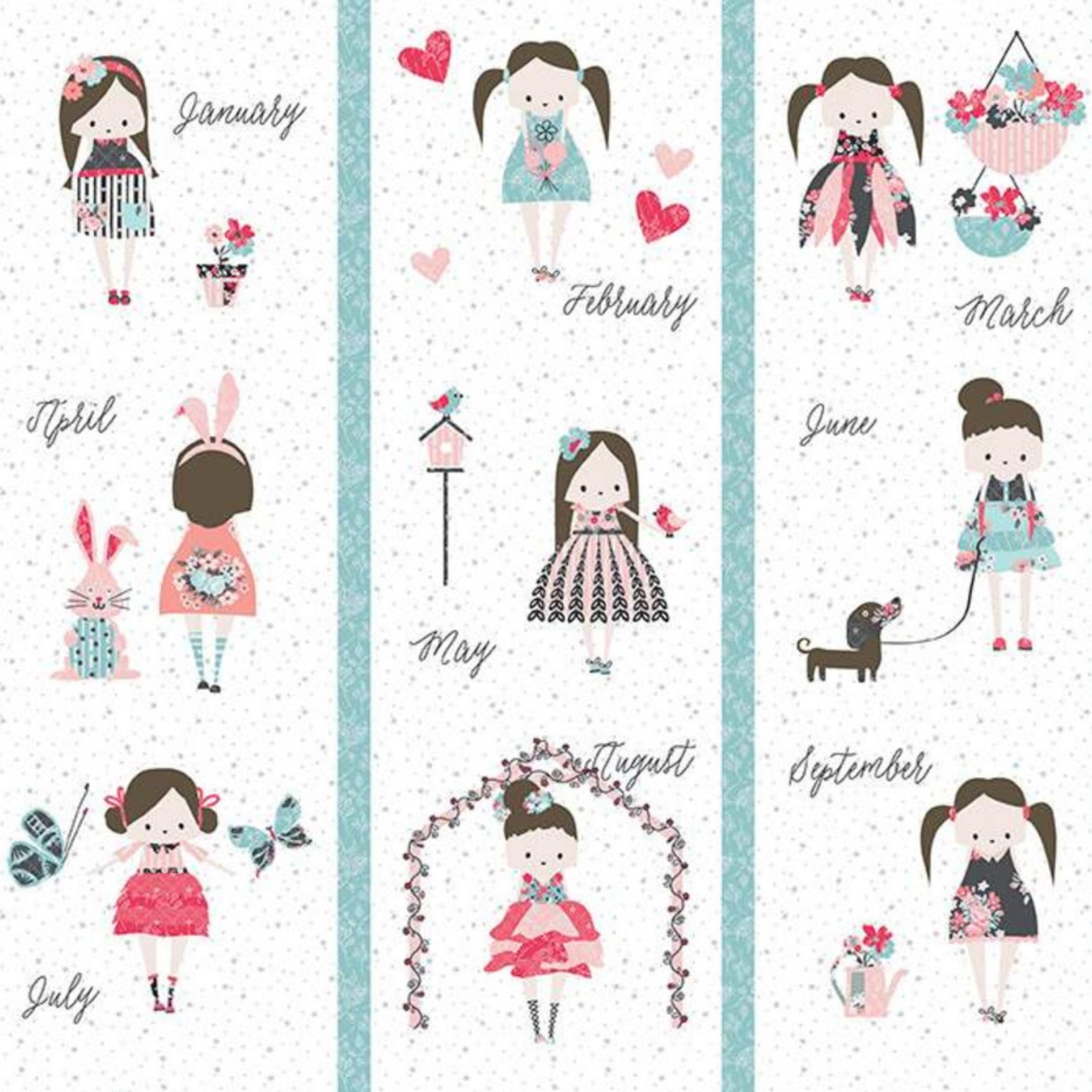 Closeup of quilting panel with illustrations of girl Abbie dressed up for each calendar month