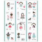 Calendar with illustrated dolls for each month on a white background