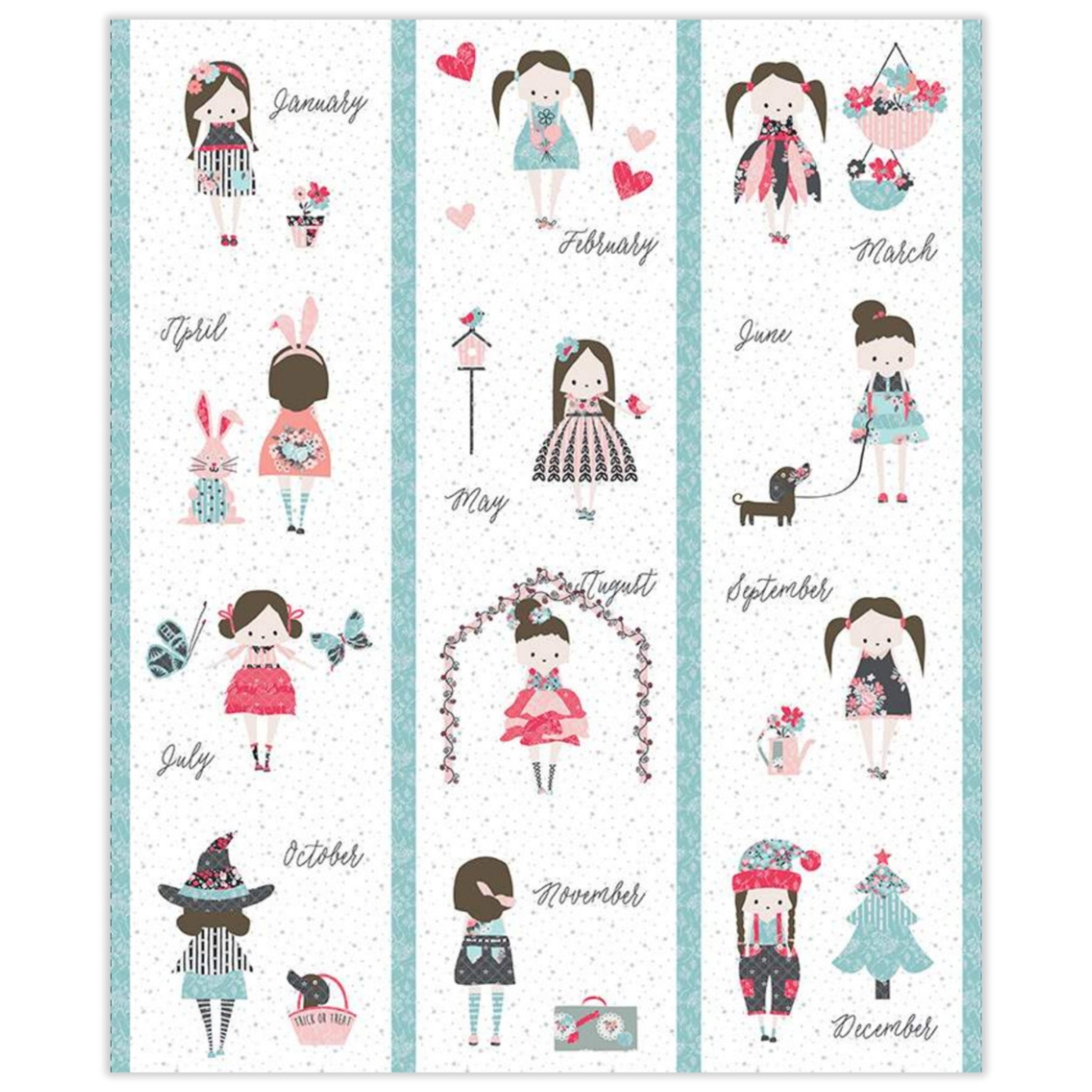 Calendar with illustrated dolls for each month on a white background