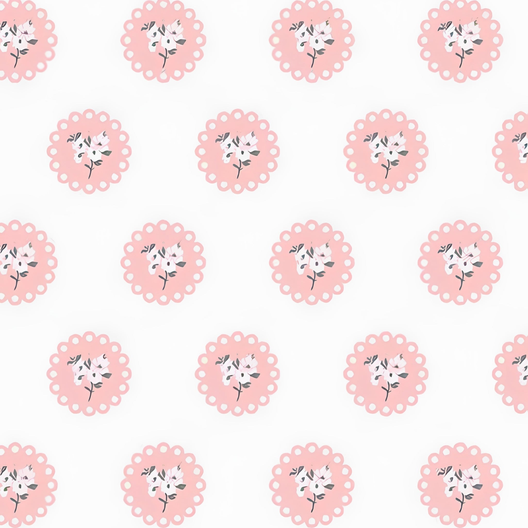 Pink scalloped doily floral sprig off-white low volume quilting fabric for quilts cushions garments and patchwork sewing projects