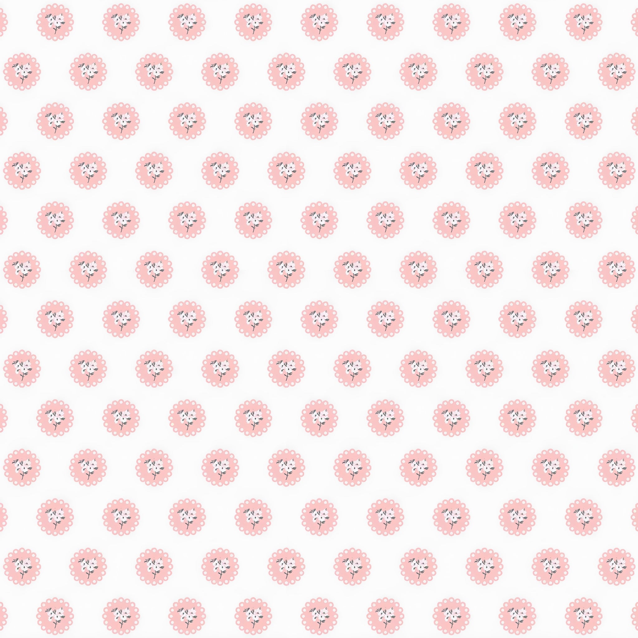Pink scalloped doily floral sprig off-white low volume quilting fabric for quilts cushions garments and patchwork sewing projects
