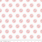 Pink scalloped doily floral sprig off-white low volume quilting fabric for quilts cushions garments and patchwork sewing projects
