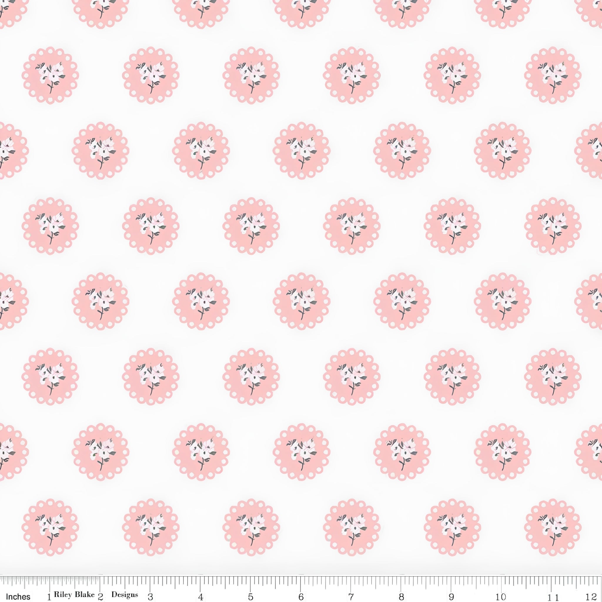Pink scalloped doily floral sprig off-white low volume quilting fabric for quilts cushions garments and patchwork sewing projects