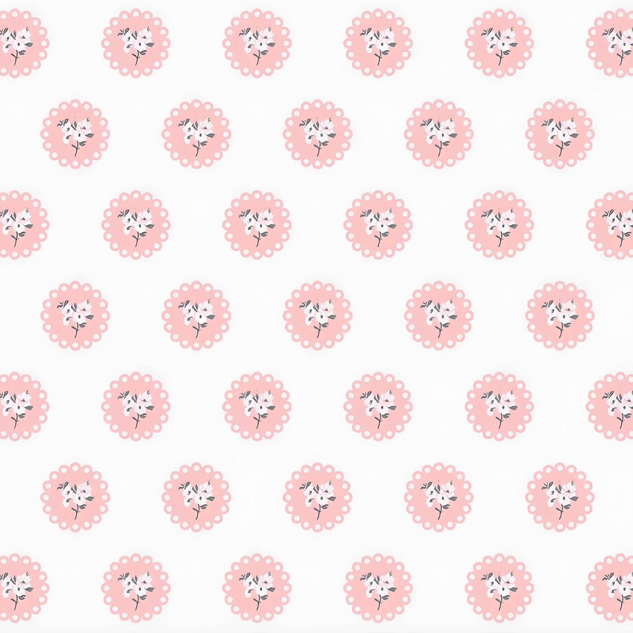 Pink scalloped doily floral sprig off-white low volume quilting fabric for quilts cushions garments and patchwork sewing projects