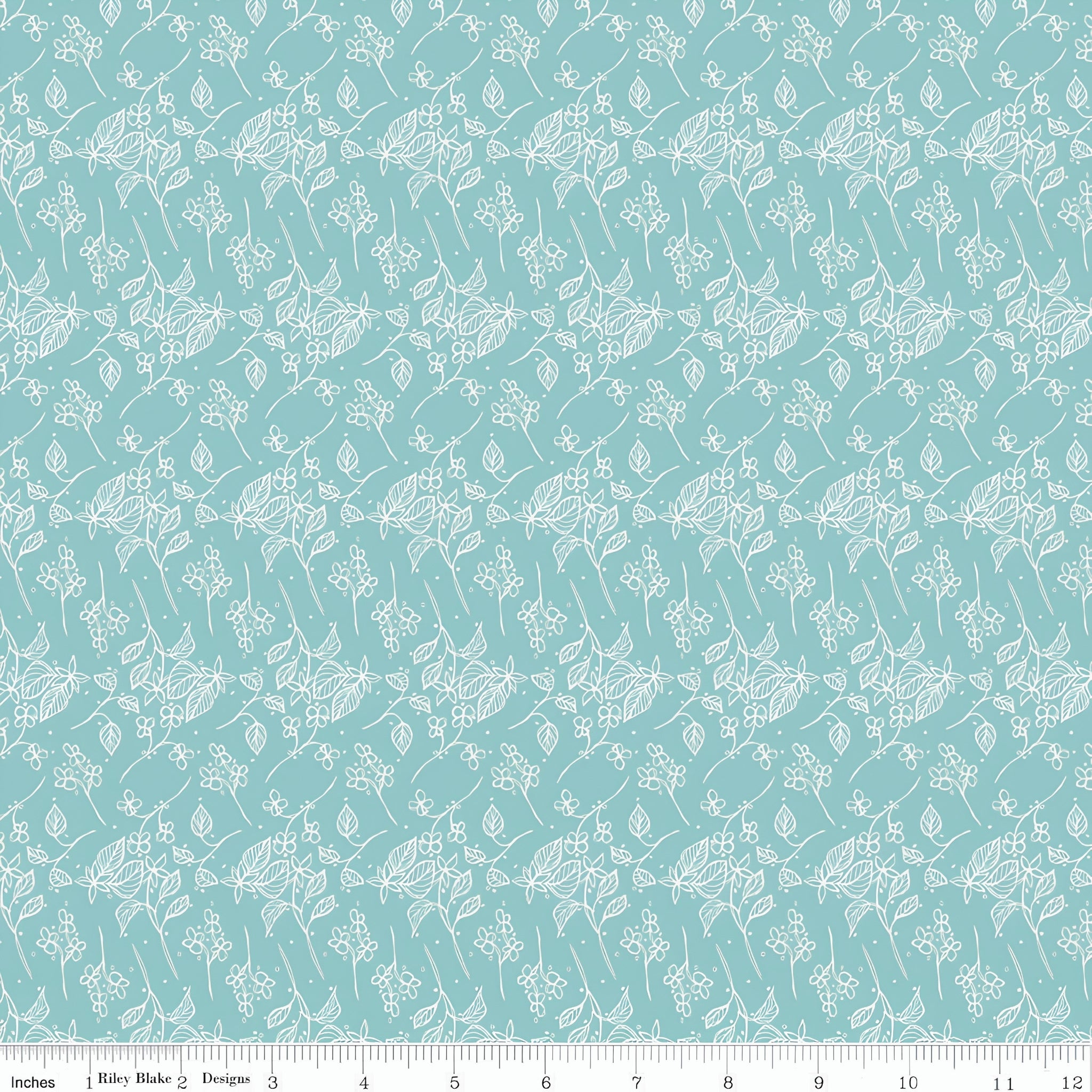 White floral stems leaves berries on aqua low volume blender quilting fabric for quilts borders garment sewing and patchwork projects