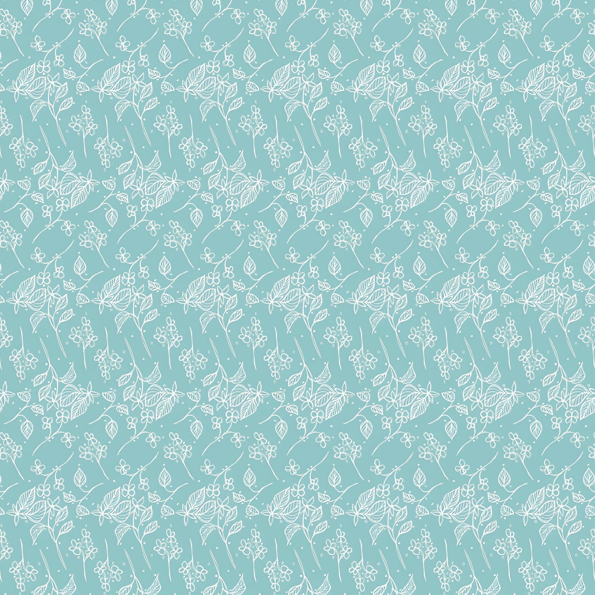 White floral stems leaves berries on aqua low volume blender quilting fabric for quilts borders garment sewing and patchwork projects