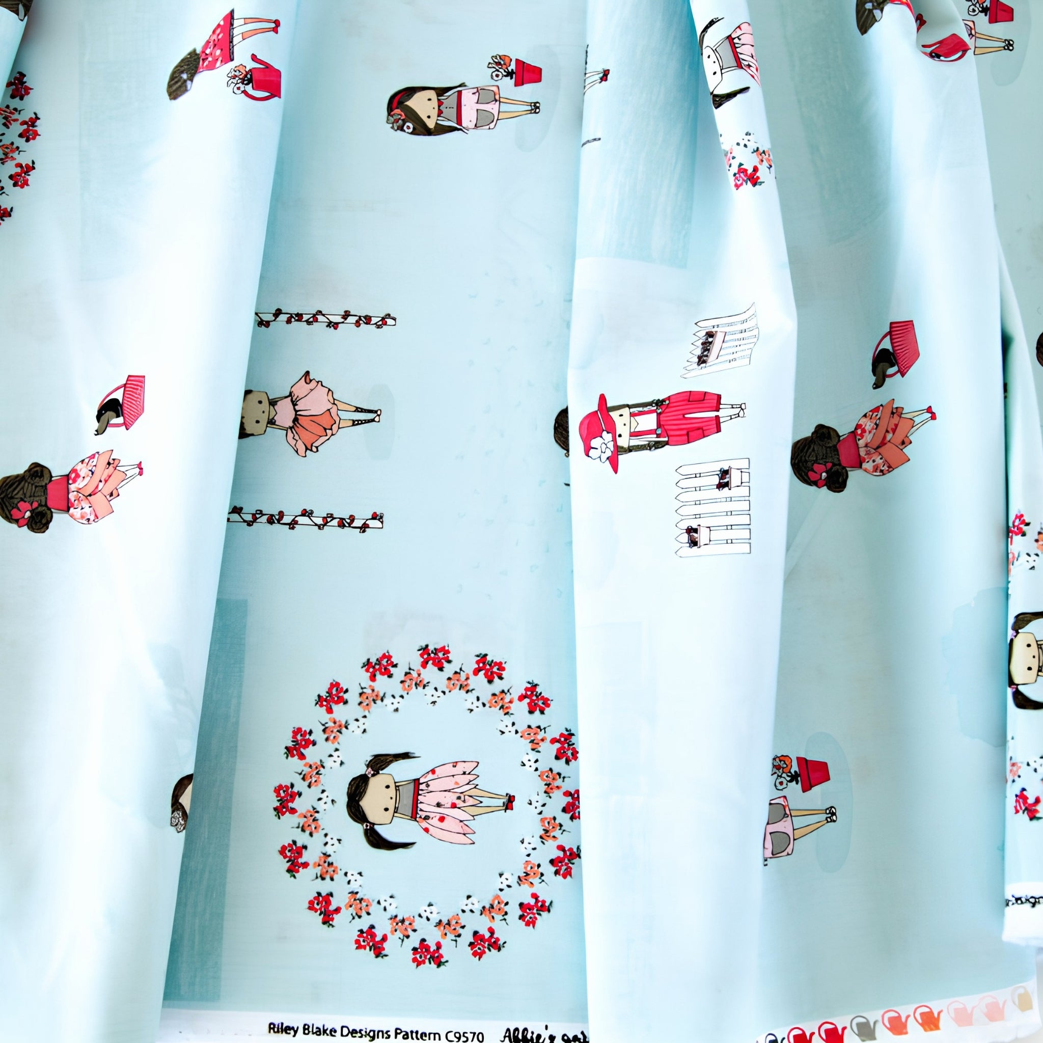 Illustrated girls flowers birdhouse puppy basket aqua background novelty fabric for children's quilts girls dresses nursery décor