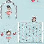 Illustrated girls flowers birdhouse puppy basket aqua background novelty fabric for children's quilts girls dresses nursery décor