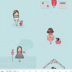 Illustrated girls flowers birdhouse puppy basket aqua background novelty fabric for children's quilts girls dresses nursery décor
