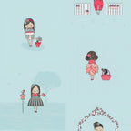 Illustrated girls flowers birdhouse puppy basket aqua background novelty fabric for children's quilts girls dresses nursery décor