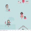 Aqua quilting cotton with a cartoon girl, butterflies, and garden scenes