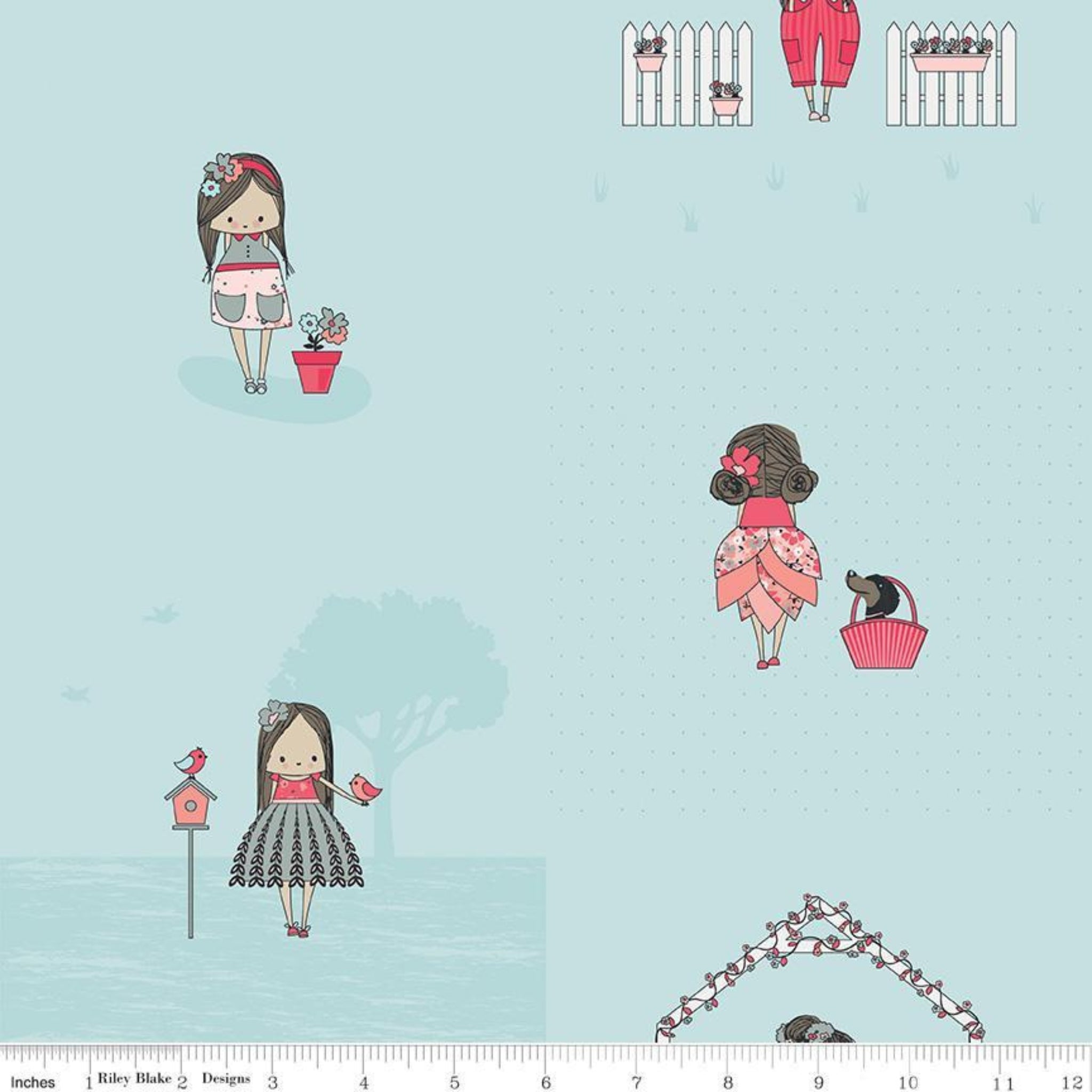 Aqua quilting cotton with a cartoon girl, butterflies, and garden scenes