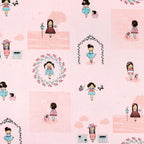 Illustrated girls flowers birdhouse puppy basket blush pink background novelty fabric for children's quilts girls dresses nursery décor