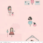 Illustrated girls flowers birdhouse puppy basket blush pink background novelty fabric for children's quilts girls dresses nursery décor