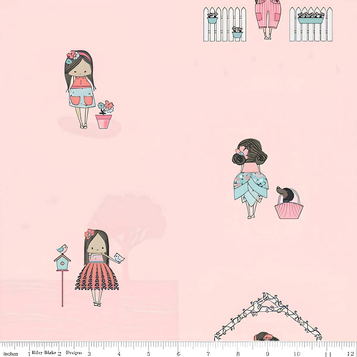 Illustrated girls flowers birdhouse puppy basket blush pink background novelty fabric for children's quilts girls dresses nursery décor