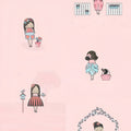 Illustrated girls flowers birdhouse puppy basket blush pink background novelty fabric for children's quilts girls dresses nursery décor